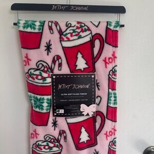 NEW Betsey Johnson Pink Fleece Scarf with Red and Green Holiday Design